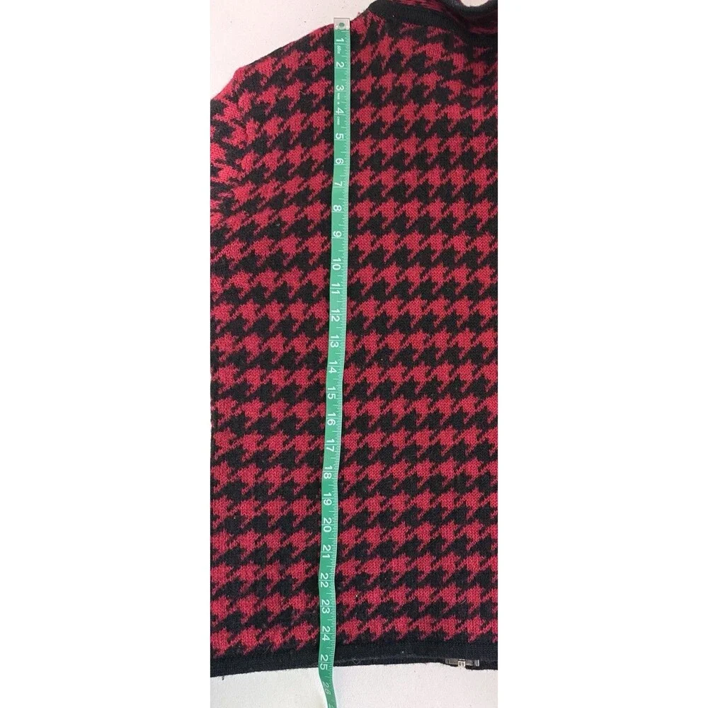 Women’s 100% Wool Red Black Houndstooth Zip Cardigan Classic Preppy Fall Size Lg
